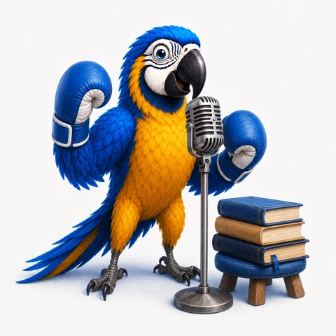The ParrotTalk parrot mascot wearing boxing gloves, standing at a microphone beside a stack of books