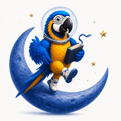 The ParrotTalk parrot mascot as an astronaut sitting on a crescent moon holding a book, the ParrotTalk mascot
