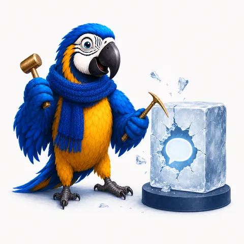 The ParrotTalk parrot mascot wearing a scarf and breaking a block of ice with a pick, the ParrotTalk mascot