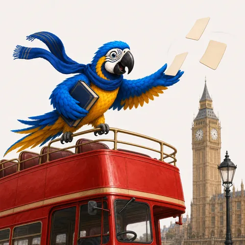 A blue and gold macaw saying thank you in many languages, the ParrotTalk mascot