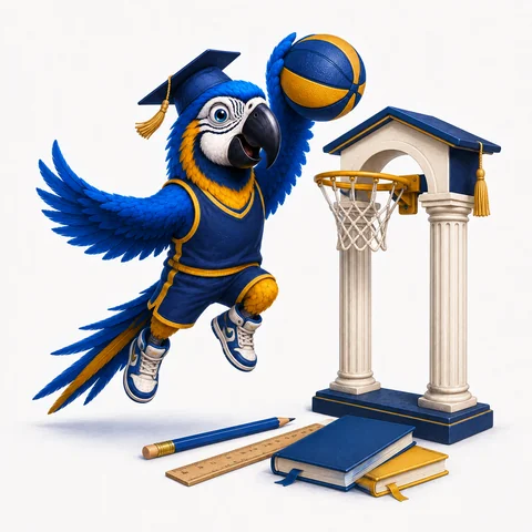 The ParrotTalk parrot mascot in a graduation cap, dunking a basketball through a hoop mounted on a classical academic archway