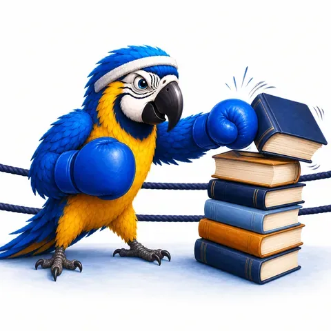 IELTS Writing band 6 against band 7, working to move up one band, with the ParrotTalk parrot in boxing gloves and a headband punching a stack of books in a ring