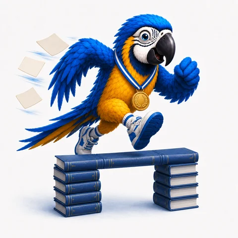 The ParrotTalk parrot mascot running and jumping over a hurdle made of stacked books, wearing a medal, with loose pages flying behind
