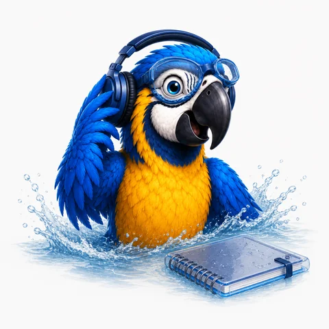 The ParrotTalk parrot mascot wearing headphones and swimming goggles, splashing in water next to a notebook