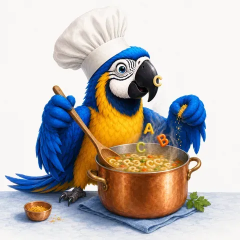 IELTS Listening spelling rules, getting every letter of the answer right, with the ParrotTalk parrot in a chef hat stirring a copper pot of alphabet soup with letters rising from it