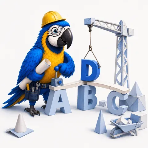 IELTS Writing Task 2 problem and solution essay, building a solution that answers the problem, with the ParrotTalk parrot in a hard hat operating a crane that lifts letter blocks