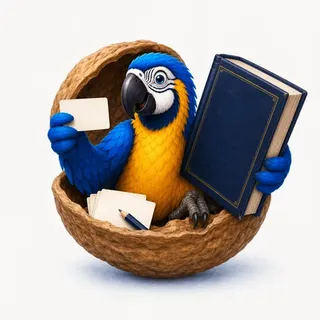 IELTS Reading matching headings, the main idea of each paragraph in a nutshell, with the ParrotTalk parrot sitting inside a walnut shell holding a book and a note card