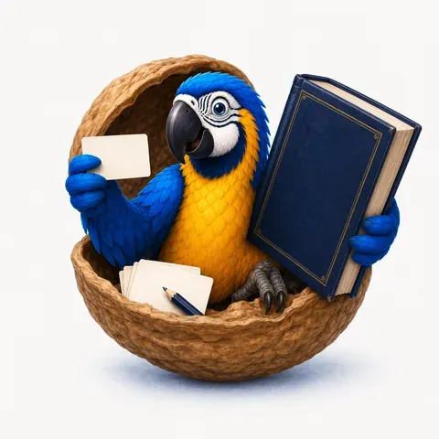 IELTS Reading matching headings, the main idea of each paragraph in a nutshell, with the ParrotTalk parrot sitting inside a walnut shell holding a book and a note card