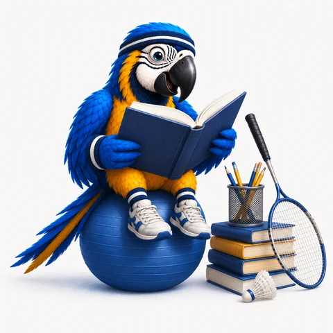 The ParrotTalk parrot mascot reading a book while sitting on a large exercise ball, next to a stack of books, pencils and a racket