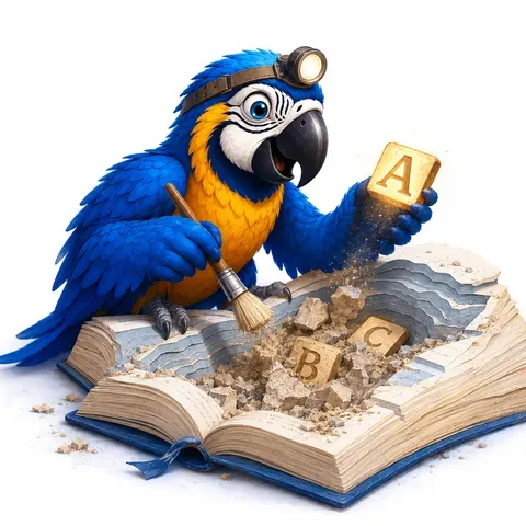 IELTS Reading summary completion, digging the exact word out of the passage, with the ParrotTalk parrot in a head torch brushing golden letters out of an open book
