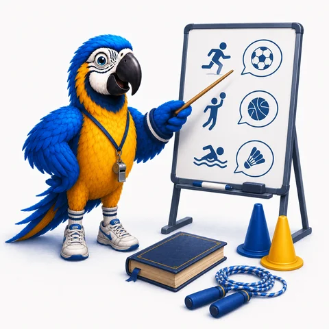 The ParrotTalk parrot mascot as a coach with a whistle, pointing at a whiteboard showing sport icons in speech bubbles, a book at its feet