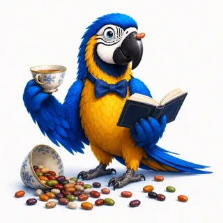 IELTS Speaking Part 3, giving a full developed answer, with the ParrotTalk parrot in a bow tie holding a teacup and a book beside a spilled bowl of jelly beans