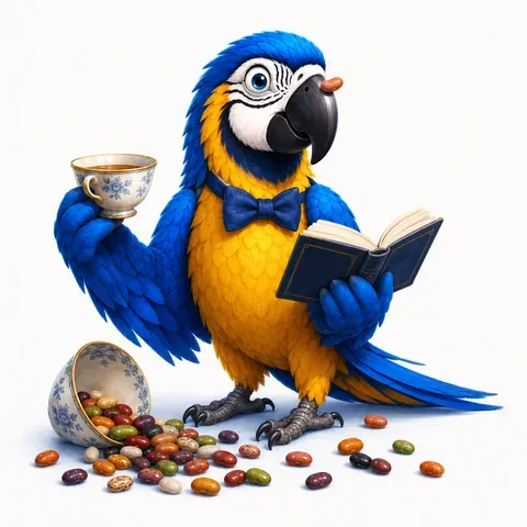 IELTS Speaking Part 3, giving a full developed answer, with the ParrotTalk parrot in a bow tie holding a teacup and a book beside a spilled bowl of jelly beans
