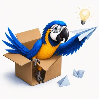 IELTS Writing Task 1 pie chart, choosing the right proportion words, with the ParrotTalk parrot standing in a cardboard box launching a paper plane under a lit bulb