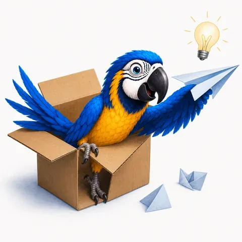 IELTS Writing Task 1 pie chart, choosing the right proportion words, with the ParrotTalk parrot standing in a cardboard box launching a paper plane under a lit bulb