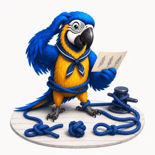 IELTS Writing Task 1 process diagram, following the stages in order, with the ParrotTalk parrot in a sailor collar reading a card of knot-tying steps, ropes around its feet