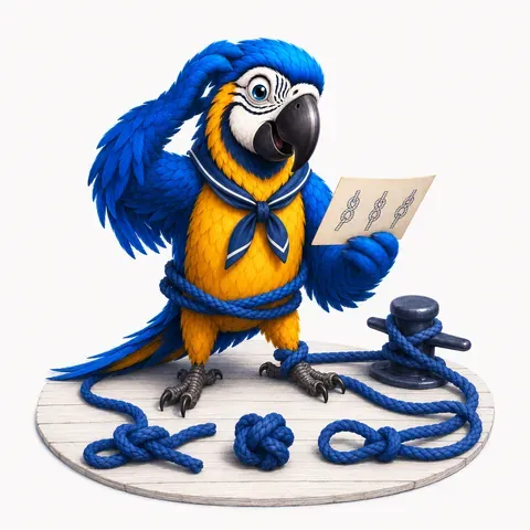 IELTS Writing Task 1 process diagram, following the stages in order, with the ParrotTalk parrot in a sailor collar reading a card of knot-tying steps, ropes around its feet