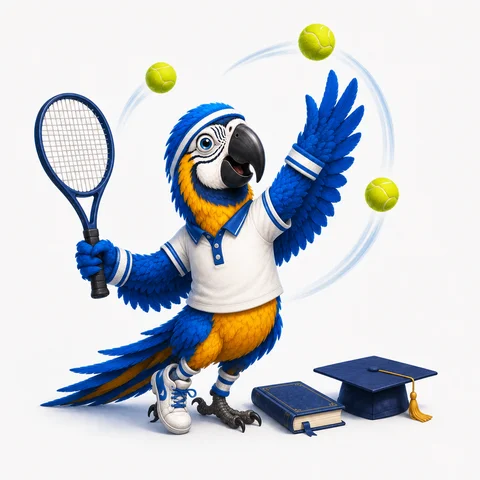 The ParrotTalk parrot mascot in tennis kit, mid-serve with a racket, juggling tennis balls beside a graduation cap and a book