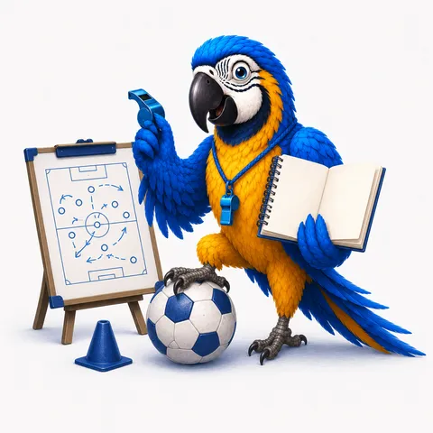 The ParrotTalk parrot mascot as a coach at a tactics board, redrawing the play with a whistle and notebook in hand