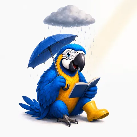The ParrotTalk parrot mascot sheltering under an umbrella while reading a book, the ParrotTalk mascot