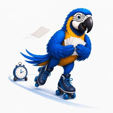 The ParrotTalk parrot mascot on roller skates racing beside a stopwatch, the ParrotTalk mascot