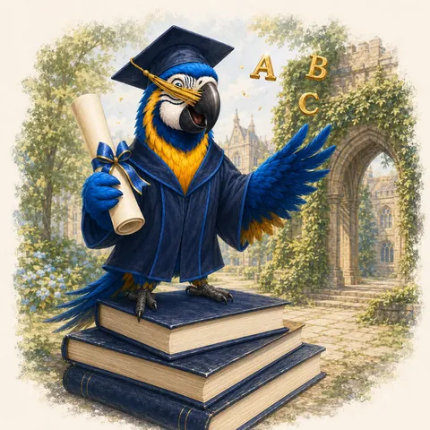 The ParrotTalk parrot mascot in a headset beside an open book