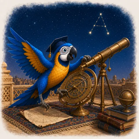 The ParrotTalk parrot mascot cheering with a raised fist beside a rocket