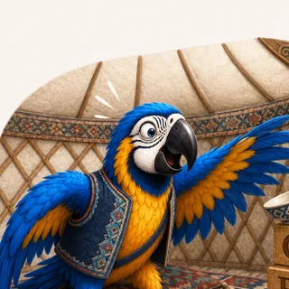 The ParrotTalk parrot mascot holding a pen at a notebook