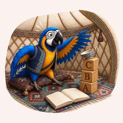 The ParrotTalk parrot mascot holding a pen at a notebook, the ParrotTalk mascot