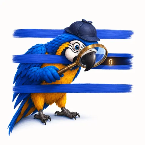 The ParrotTalk parrot mascot as a detective with a magnifying glass and deerstalker hat, the ParrotTalk mascot