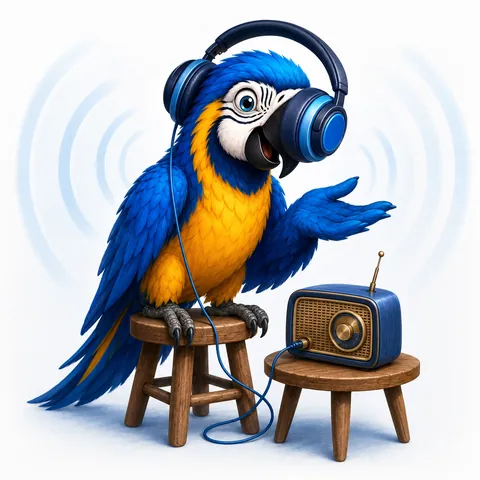 The ParrotTalk parrot mascot wearing headphones next to a small radio, the ParrotTalk mascot